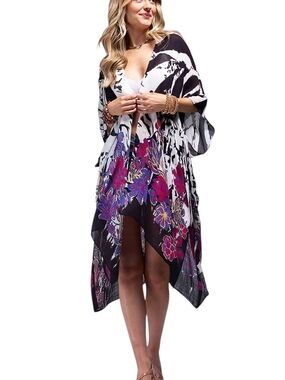 Floral Print Sheer Kimono Cardigan in Black & White with Purple Accents NWOT